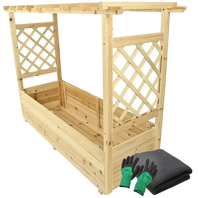 holz4home Pflanzkasten - Holz - Ein erhöhtes Holz-Pflanzbeet mit Rankgitter, ideal für Garten und Terrasse, zusammen mit Gartenhandschuhen und einer Schutzmatte.