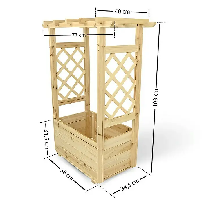 holz4home Pflanzkasten - Holz - Bild einer Holzpflanzkiste mit Rankgitter, ideal für Gartenliebhaber. Die Pflanzkiste ist robust und bietet genügend Platz für Pflanzen.