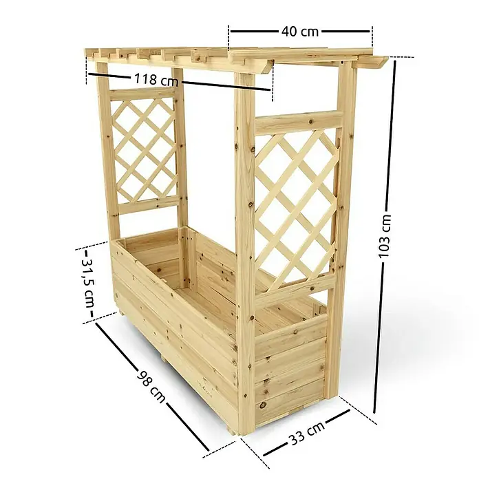 holz4home Pflanzkasten - Holz - Produktansicht des Hochbeets mit Rankhilfe aus hellem Holz mit Maßangaben.