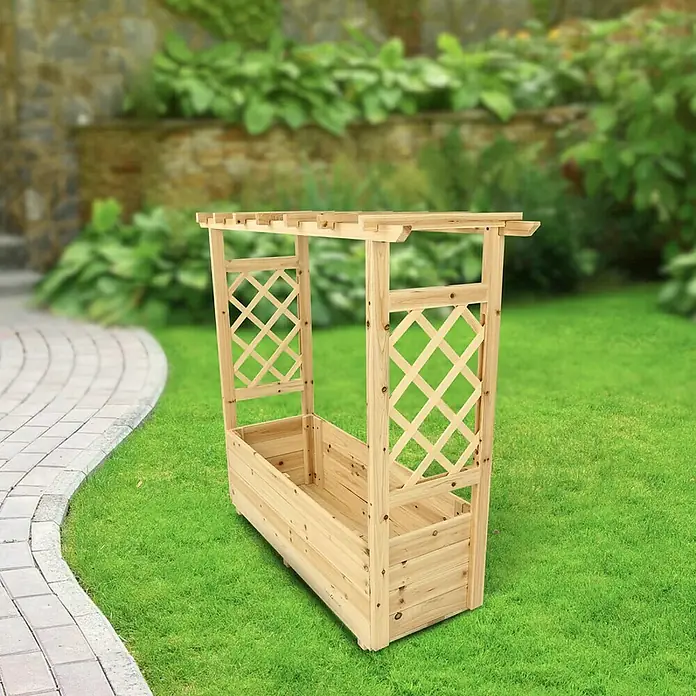 holz4home Pflanzkasten - Holz - Das Bild zeigt ein hölzernes Pflanzgefäß mit Rankgitter im Freien, ideal für Gartenliebhaber und zur Dekoration von Grünflächen.
