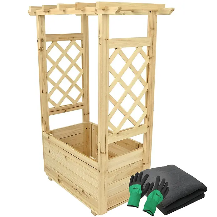 holz4home Pflanzkasten - Holz - Ein rustikaler Pflanzkasten mit Rankgitter, inklusive Gartenvlies und Handschuhen, perfekt für Ihren Garten oder Balkon.