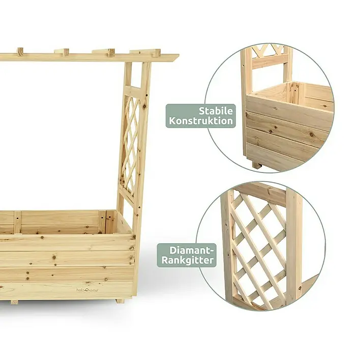 holz4home Pflanzkasten - Holz - Holzkiste mit Rankgitter und Überdachung. Der Pflanzkasten aus Holz ist robust und ideal für Kletterpflanzen im Garten.