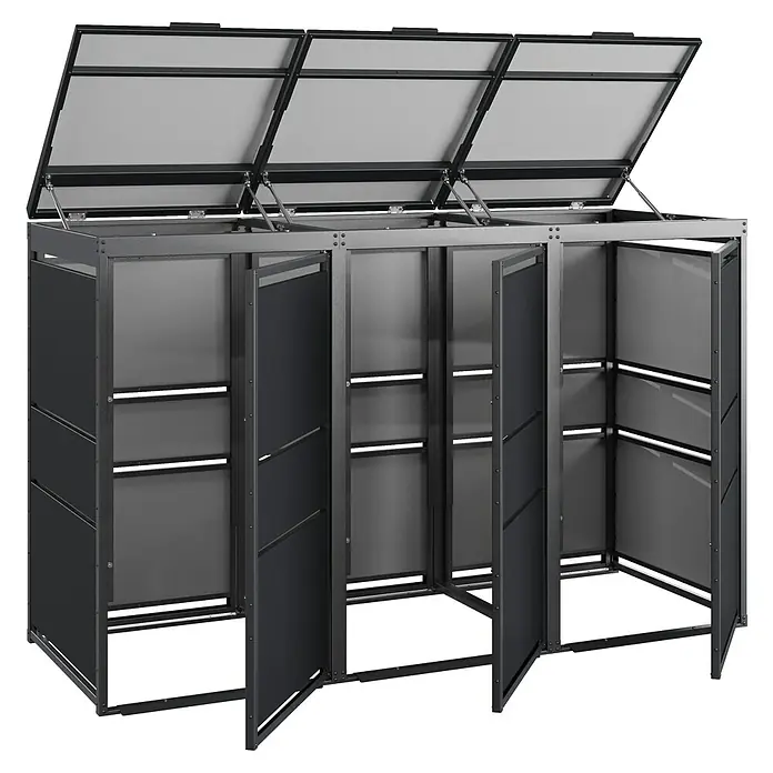 Mülltonnenbox Modern 120L - 236,6 x 70 cm, Stahl, Anthrazit, Geeignet für Anzahl Mülltonnen: 4 Stk. - Bild eines Mülltonnenbox-Systems aus Metall mit drei Fächern und aufklappbaren Deckeln, ideal für die Mülltrennung und diskrete Aufbewahrung.