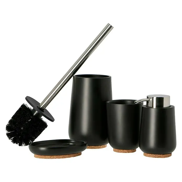 Venus Ivo WC-Bürstengarnitur - Polyresin, Schwarz - Elegantes, schwarzes Badezimmer-Accessoire-Set mit Seifenspender, Becher, Seifenschale und Toilettenbürste für ein stilvolles Bad.