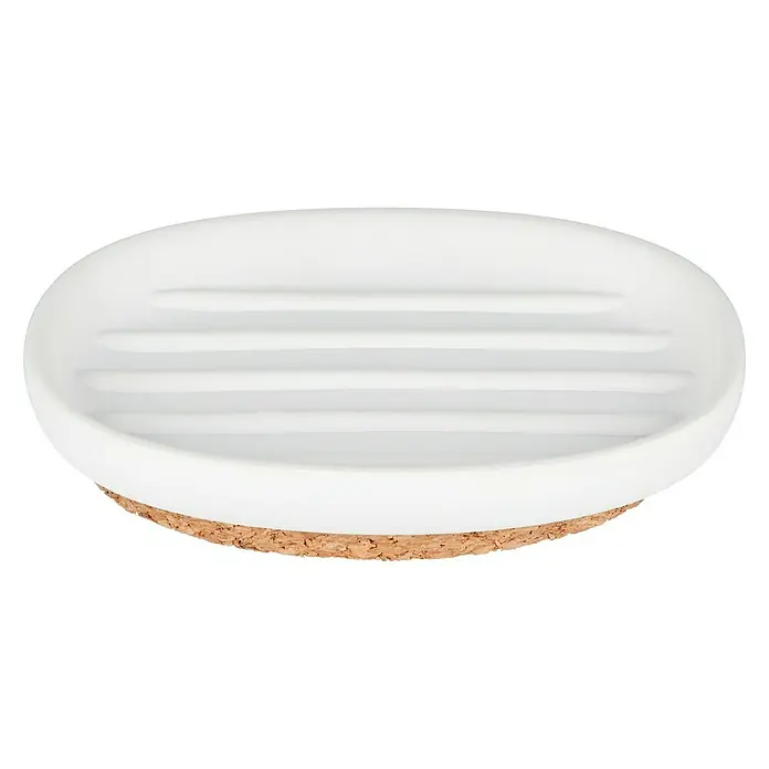 Venus Ivo Seifenschale - Polyresin, Weiß - Ein ovales Seifenablage mit Rillen aus weißer Keramik und Korkfuß für Badezimmer und Küche.
