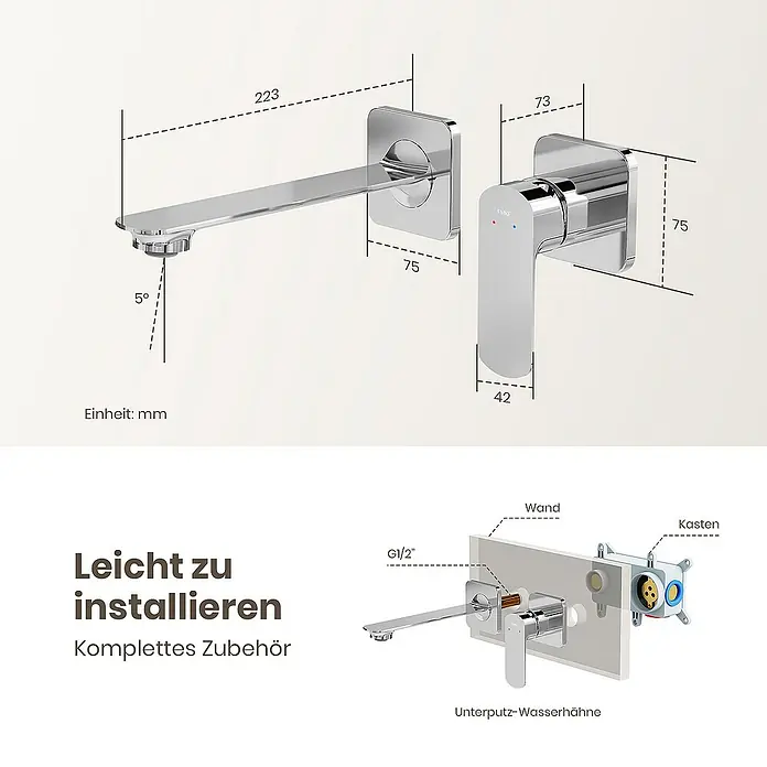 Emke Waschtischarmatur F28 - Chrom, Glänzend - Produktabbildung einer stilvollen Armatur mit Maßangaben, die eine einfache Installation und ein komplettes Zubehör verspricht.