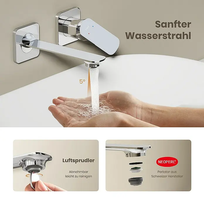 Emke Waschtischarmatur F28 - Chrom, Glänzend - Produktbild einer modernen Armatur mit sanftem Wasserstrahl, Luftsprudler zur leichten Reinigung und Perlator vom Schweizer Hersteller.