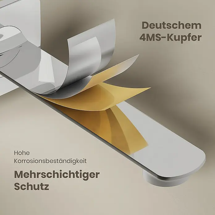 Emke Waschtischarmatur F28 - Chrom, Glänzend - Illustration eines Wasserhahns mit mehrschichtigem Schutz und Korrosionsbeständigkeit aus Deutschem 4MS-Kupfer.