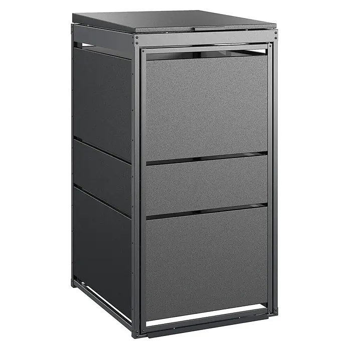 Mülltonnenbox Modern 120L - 59,1 x 70 cm, Stahl, Anthrazit, Geeignet für Anzahl Mülltonnen: 1 Stk. - Das Bild zeigt eine moderne Mülltonnenbox aus Metall in Anthrazit, die drei Mülltonnen Platz bietet und eine praktische Lösung für die Müllentsorgung darstellt.