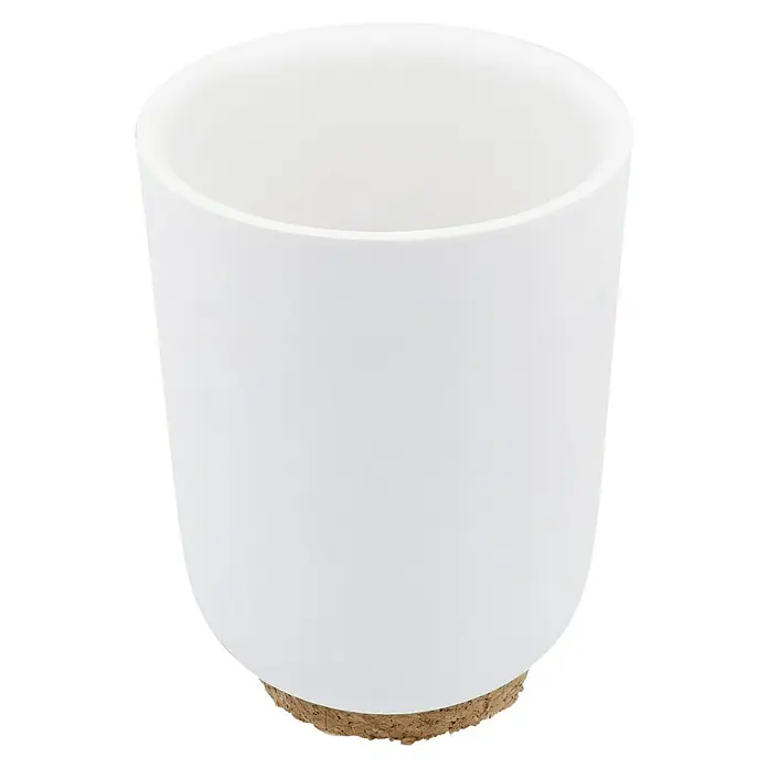 Venus Ivo Zahnputzbecher - Polyresin, Weiß - Nahaufnahme einer weißen Keramiktasse mit Korkboden, ideal für heiße Getränke und stilvolles Servieren.