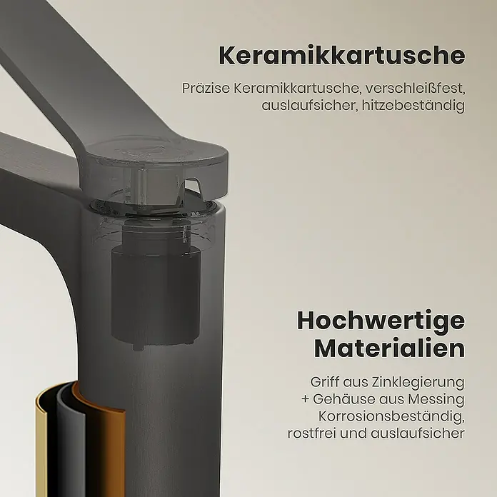 Emke Waschtischarmatur Zerona F21 - Grau, Matt - Detailaufnahme einer Armatur mit Keramikkartusche und hochwertigen Materialien wie Zinklegierung und Messing.