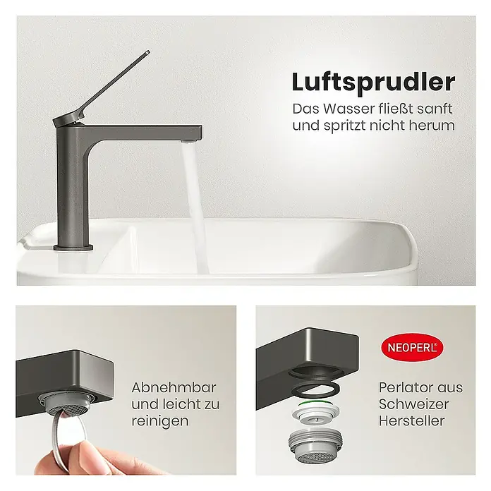 Emke Waschtischarmatur Zerona F21 - Grau, Matt - Produktbild: Eine moderne, graue Armatur mit Luftsprudler, der für einen sanften Wasserfluss sorgt und leicht zu reinigen ist.