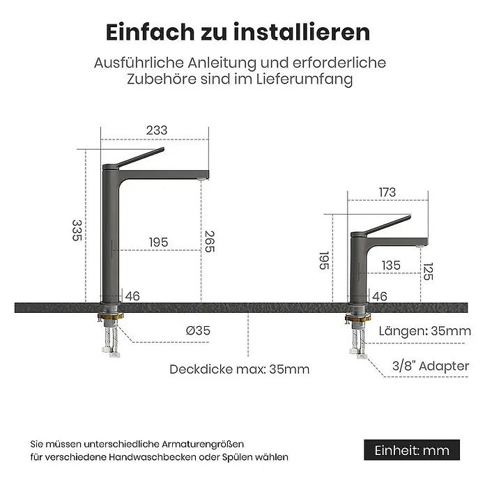 Emke Waschtischarmatur Zerona F21 - Grau, Matt - Abmessungen des Wasserhahns mit detaillierten Angaben zu Höhe, Ausladung und Sockel.