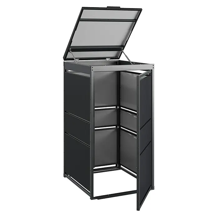 Mülltonnenbox Modern 120L - 118,3 x 70 cm, Stahl, Anthrazit, Geeignet für Anzahl Mülltonnen: 2 Stk. - Schwarzer Mülltonnenschrank mit Kippdeckel und offener Tür, ideal für die stilvolle Aufbewahrung von Mülltonnen im Außenbereich.