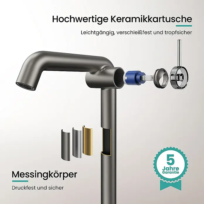 Emke Waschtischarmatur - Grau, Matt - Abbildung einer Armatur mit Erläuterungen zu den hochwertigen Keramikkartuschen und dem Messingkörper für hohe Druckfestigkeit.