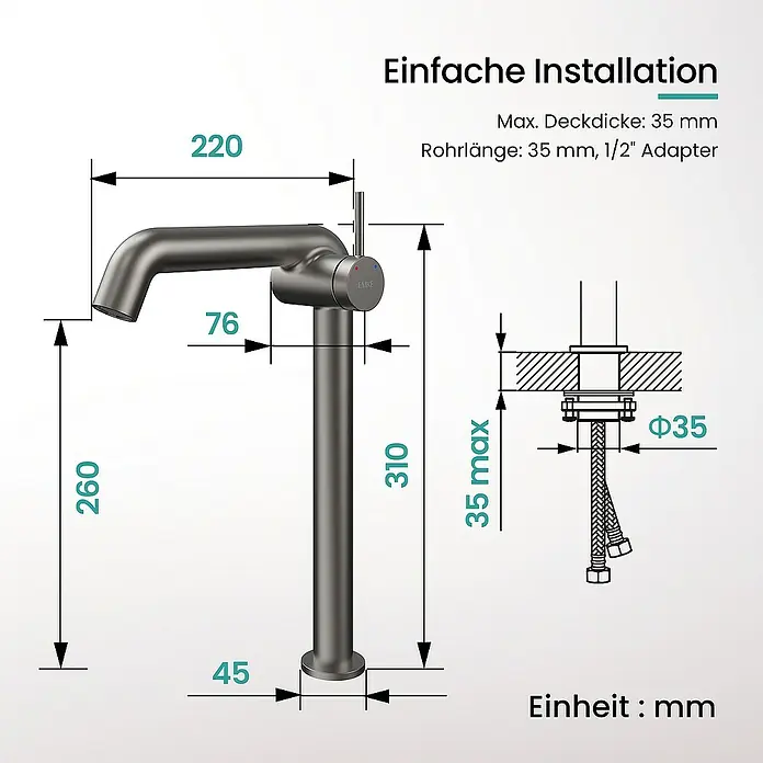 Emke Waschtischarmatur - Grau, Matt - Abbildung einer Armatur mit Maßangaben. Die Armatur ist grau und hat ein modernes Design. Die Maße sind in Millimetern angegeben.
