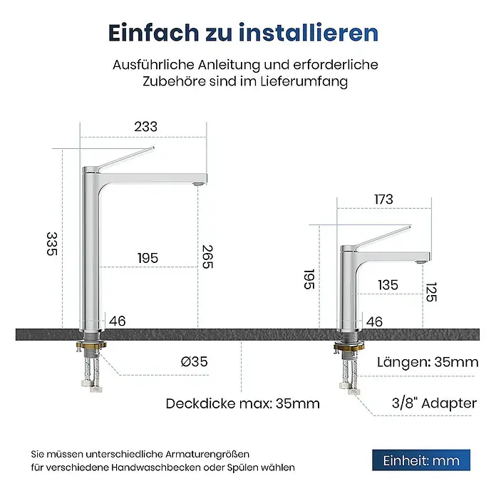 Emke Waschtischarmatur Zerona F21 - Chrom, Glänzend - Abbildung der Abmessungen des Waschbeckenhahns, einschließlich Höhe, Ausladung und Durchmesser der Basis, mit zusätzlichen Details zur Installation.
