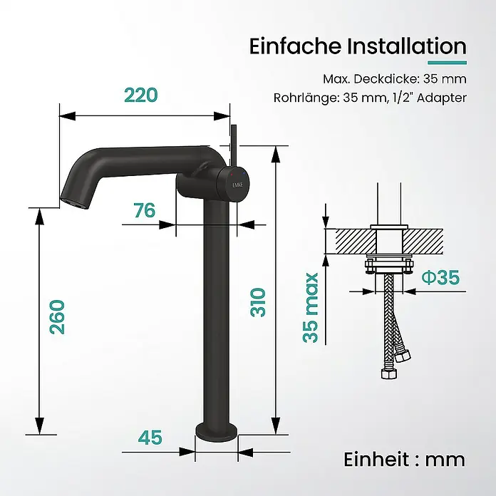 Emke Waschtischarmatur - Schwarz, Matt - Abbildung eines schwarzen Wasserhahns mit Maßangaben zu Montage und Größe, inklusive technischer Details wie Deckdicke und Rohrlänge.