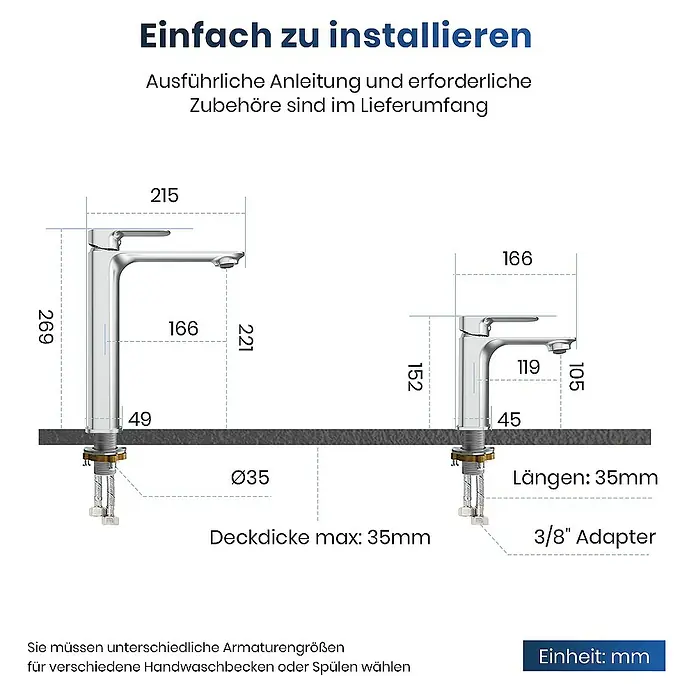 Emke Waschtischarmatur Marino F23 - Chrom, Glänzend - Produktabbildung mit Maßangaben zu zwei verschiedenen Armaturen, mit Höhen von 269 mm und 152 mm, für Waschtische oder Spülen.