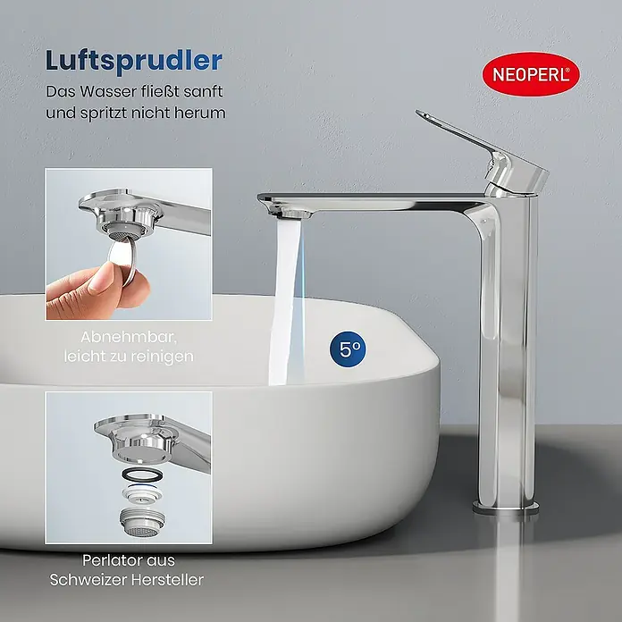 Emke Waschtischarmatur Marino F23 - Chrom, Glänzend - Produktbild einer modernen Armatur mit Luftsprudler, der für einen sanften Wasserfluss sorgt und leicht zu reinigen ist.