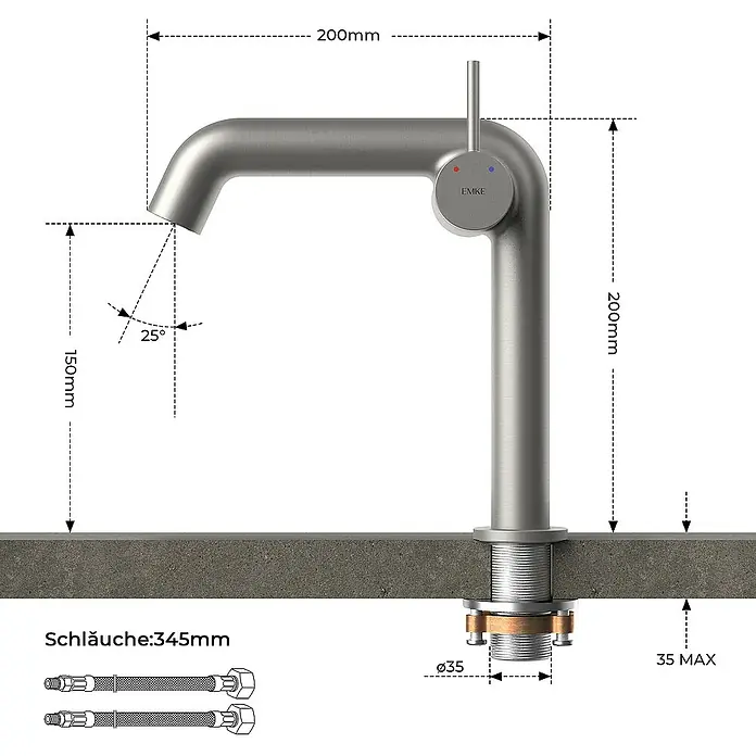 Emke Waschtischarmatur - Grau, Matt - Detailaufnahme einer EMKE Armatur mit Maßangaben zu Höhe, Ausladung und Neigungswinkel. Inklusive Schlauchlängenangabe.