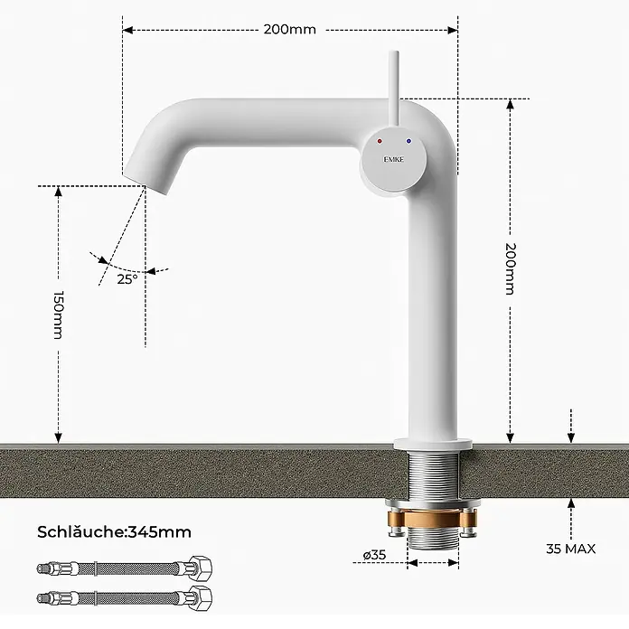 Emke Waschtischarmatur Kriosa F24 - Weiß, Matt - Abbildung einer Spültischarmatur mit Maßen, einschließlich Höhe, Ausladung, Neigung und Schlauchlänge, für Installationszwecke.
