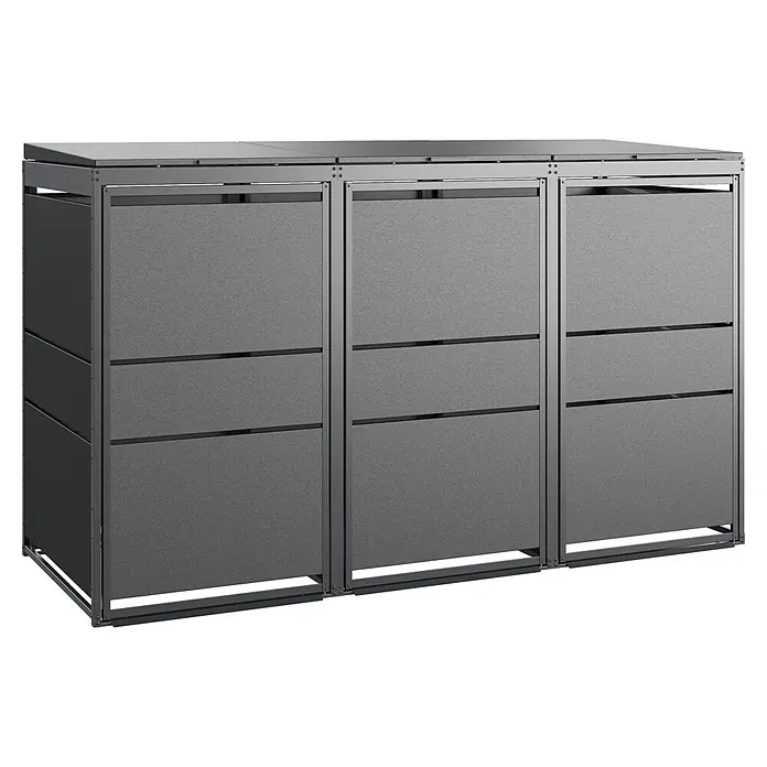 Mülltonnenbox Modern 240L - 210 x 86 cm, Stahl, Anthrazit, Geeignet für Anzahl Mülltonnen: 3 Stk. - Diese Aufnahme zeigt eine moderne, dreiteilige Mülltonnenbox aus Metall mit grauen Paneelen. Die Box bietet eine stilvolle Lösung zur Aufbewahrung von Mülltonnen.