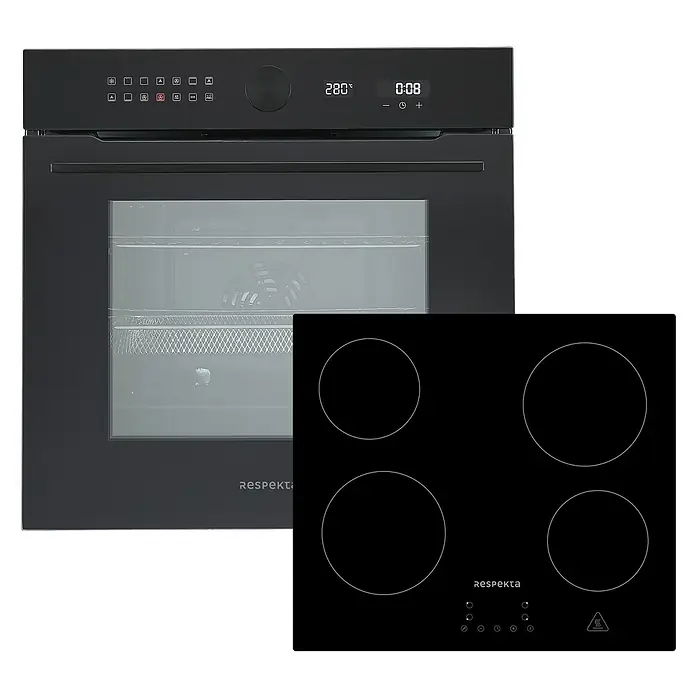 Respekta Einbauherd-Set Adrian/Aaron - Anzahl Beheizungsarten: 14 Stk., Schwarz - Schwarzer Einbaubackofen mit Kochfeld von Respekta für moderne Küchen. Das Set bietet Funktionalität und ein elegantes Design.