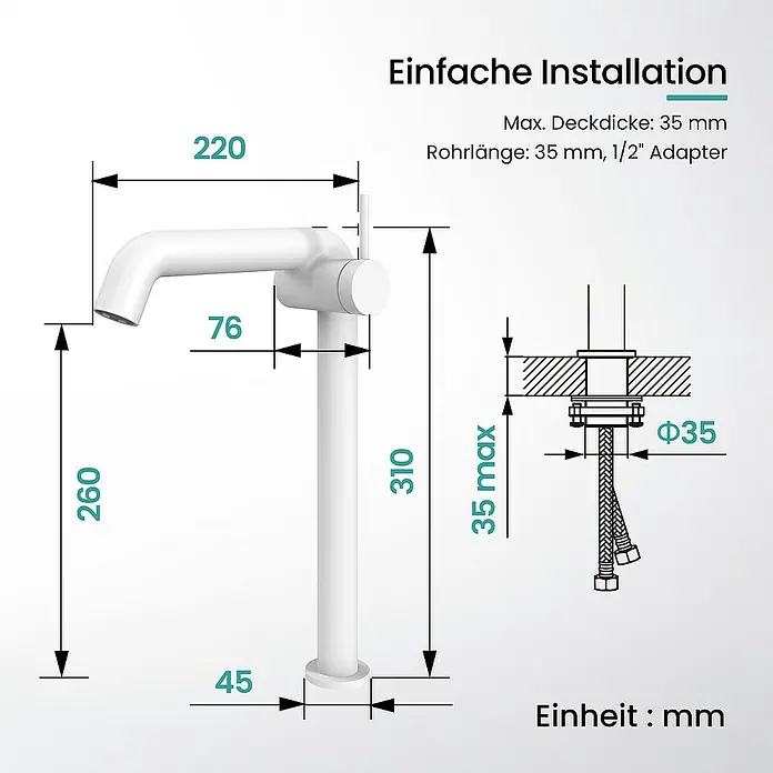 Emke Waschtischarmatur Kriosa F24 - Weiß, Matt - Abbildung eines Waschbeckenhahns mit Maßangaben für Montage und Abmessungen.