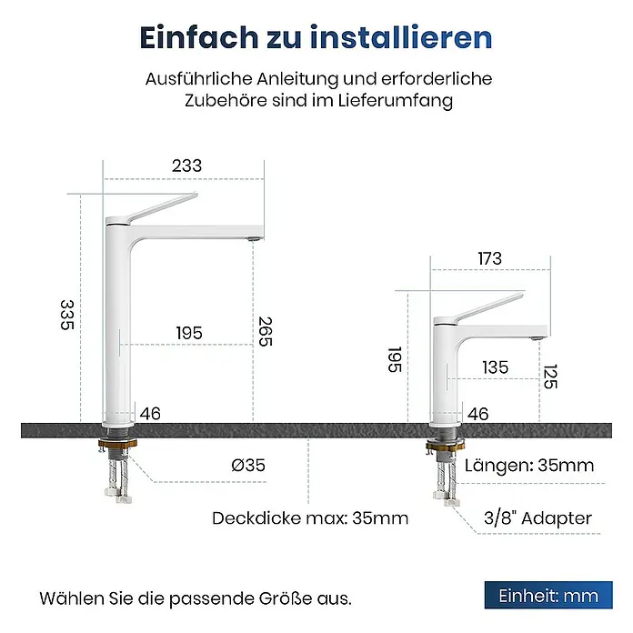 Emke Waschtischarmatur Zerona F21 - Weiß, Matt - Bild zeigt die Abmessungen von zwei weißen Wasserhähnen mit den jeweiligen Maßen in Millimetern angegeben.