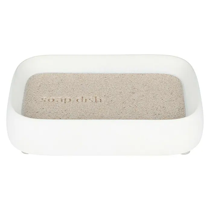 Venus Nara Seifenschale - Polyresin, Grau - Weißes Seifenstück mit Sandseife und dem Aufdruck "Seifenschale" für stilvolle Badezimmeraccessoires und die perfekte Seifenaufbewahrung.