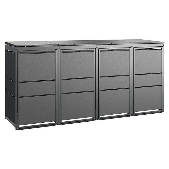 Mülltonnenbox Modern 120L - 236,6 x 70 cm, Stahl, Anthrazit, Geeignet für Anzahl Mülltonnen: 4 Stk. - Ansicht einer grauen Mülltonnenbox mit vier Fächern und Metallrahmen. Diese robuste Box bietet eine stilvolle Lösung für die Mülltonnenaufbewahrung.