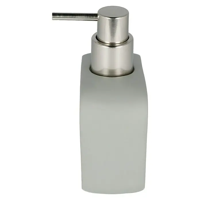 Venus Aiden Seifenspender - Polyresin, Grau - Nahaufnahme eines grauen Seifenspenders mit einem glänzenden, silbernen Pumpkopf, der für stilvolle Hygiene im Bad sorgt.