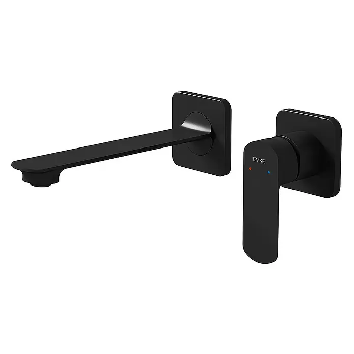Emke Waschtischarmatur F28 - Schwarz, Matt - Eine moderne, mattschwarze Wandarmatur von EMKE mit minimalistischem Design, bestehend aus Auslauf und separatem Hebel.