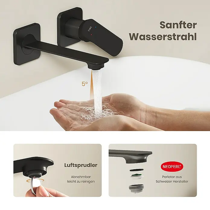 Emke Waschtischarmatur F28 - Schwarz, Matt - Bild einer modernen, mattschwarzen Wandarmatur mit sanftem Wasserstrahl und abnehmbarem Luftsprudler für einfache Reinigung.