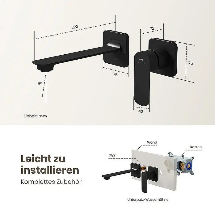 Emke Waschtischarmatur F28 - Schwarz, Matt - Produktbild einer schwarzen Wandarmatur mit Maßangaben für die Installation im Badezimmer.