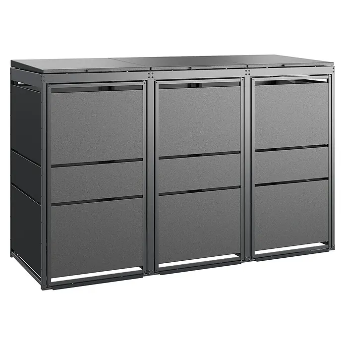 Mülltonnenbox Modern 120L - 177,4 x 70 cm, Stahl, Anthrazit, Geeignet für Anzahl Mülltonnen: 3 Stk. - Das Bild zeigt eine moderne Mülltonnenbox in Anthrazit mit drei Fächern und geradlinigem Design für den Außenbereich.