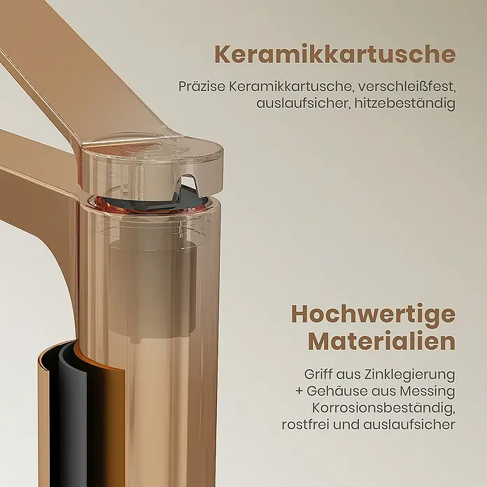 Emke Waschtischarmatur Zerona F21 - Roségold, Glänzend - Das Bild zeigt eine detaillierte Ansicht einer Armatur mit Keramikkartusche und hochwertigen Materialien wie Zinklegierung und Messing.