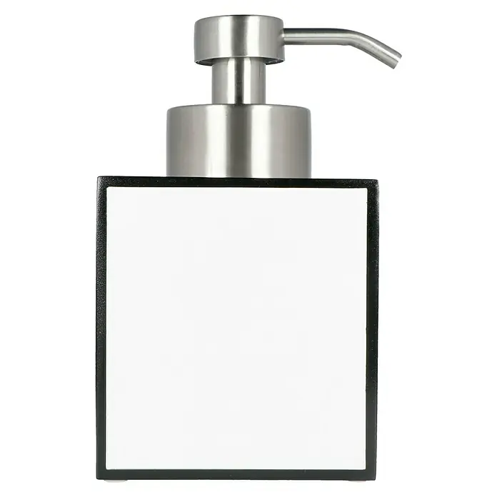 Camargue Couture Seifenspender - Groß, Polyresin, Weiß/Schwarz - Elegante Seifenspender-Ansicht mit silberner Pumpe, ideal für jedes Badezimmer- oder Küchen-Dekor. Das klare, moderne Design passt gut in jeden Raum.