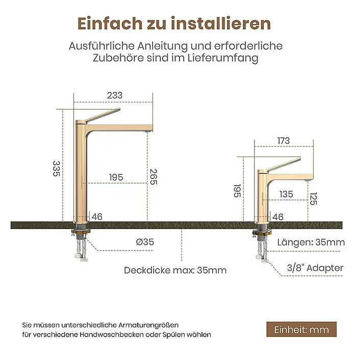 Emke Waschtischarmatur Zerona F21 - Roségold, Glänzend - Eine schematische Darstellung von zwei goldenen Wasserhähnen mit Maßangaben zur einfachen Installation und Auswahl der richtigen Größe.