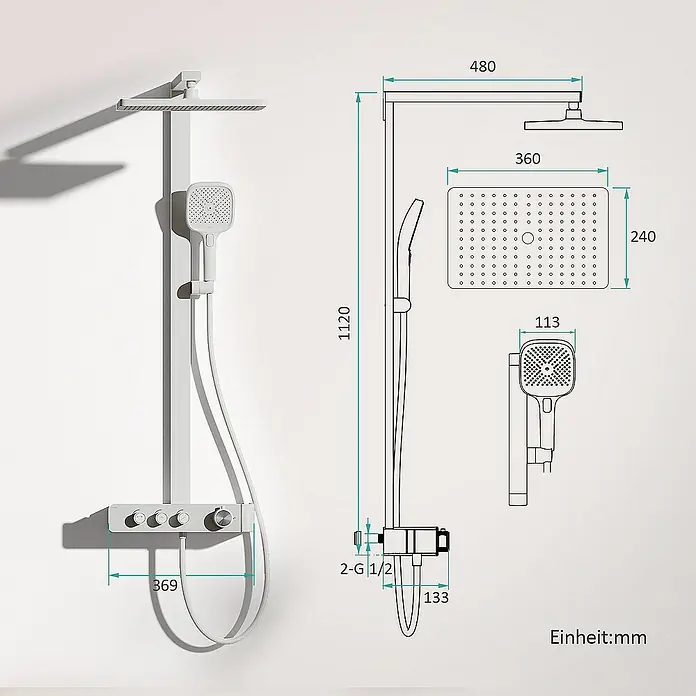 Emke Duschsystem Einstellbare Wassermenge F27 - Mit Thermostatarmatur, Lochabstand: 112 cm, Anzahl Strahlarten: 3 Stk., Weiß - Bild einer Duschsäule mit Maßangaben.