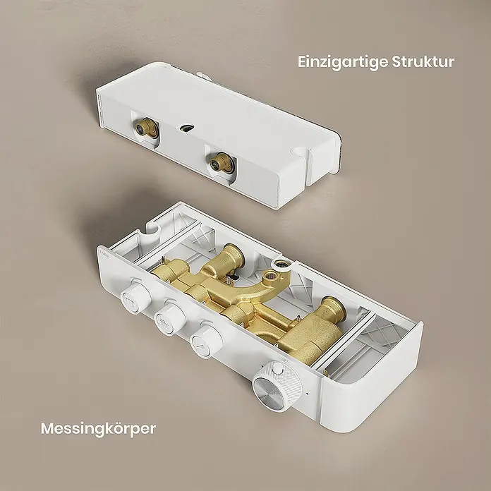 Emke Duschsystem Einstellbare Wassermenge F27 - Mit Thermostatarmatur, Lochabstand: 112 cm, Anzahl Strahlarten: 3 Stk., Weiß - Explosionsansicht einer Unterputz-Duscharmatur mit Messingkörper und weißer Abdeckung. Einzigartige Struktur und hochwertige Materialien.