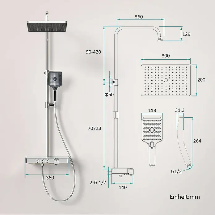 Emke Duschsystem Tastenschalter Duschsäule F09 - Mit Thermostatarmatur, Lochabstand: 70,7 cm, Anzahl Strahlarten: 3 Stk., Chrom - Abbildung einer Duschgarnitur mit Maßangaben, die die Größe und Abmessungen des Produkts hervorheben.