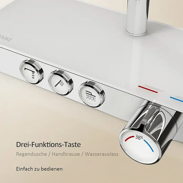Emke Duschsystem Tastenschalter Duschsäule F09 - Mit Thermostatarmatur, Lochabstand: 70,7 cm, Anzahl Strahlarten: 3 Stk., Chrom - Nahaufnahme einer modernen Duscharmatur mit drei Funktionstasten und Temperaturregler.