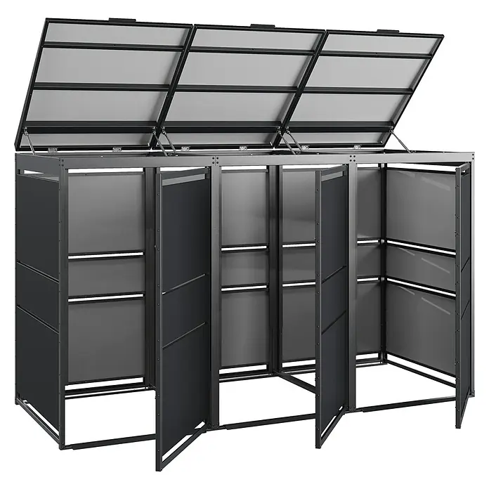 Mülltonnenbox Modern 240L - 280 x 86 cm, Stahl, Anthrazit, Geeignet für Anzahl Mülltonnen: 4 Stk. - Das Bild zeigt eine Mülltonnenbox mit geöffneten Türen und Deckeln. Die Box ist aus Metall gefertigt und bietet Platz für drei Mülltonnen.