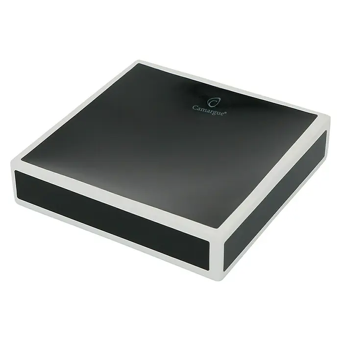 Camargue Couture Seifenschale - Polyresin, Schwarz/Weiß - Nahaufnahme einer eleganten schwarzen Camargue-Box mit glänzender Oberfläche, ideal für stilvolle Aufbewahrung.
