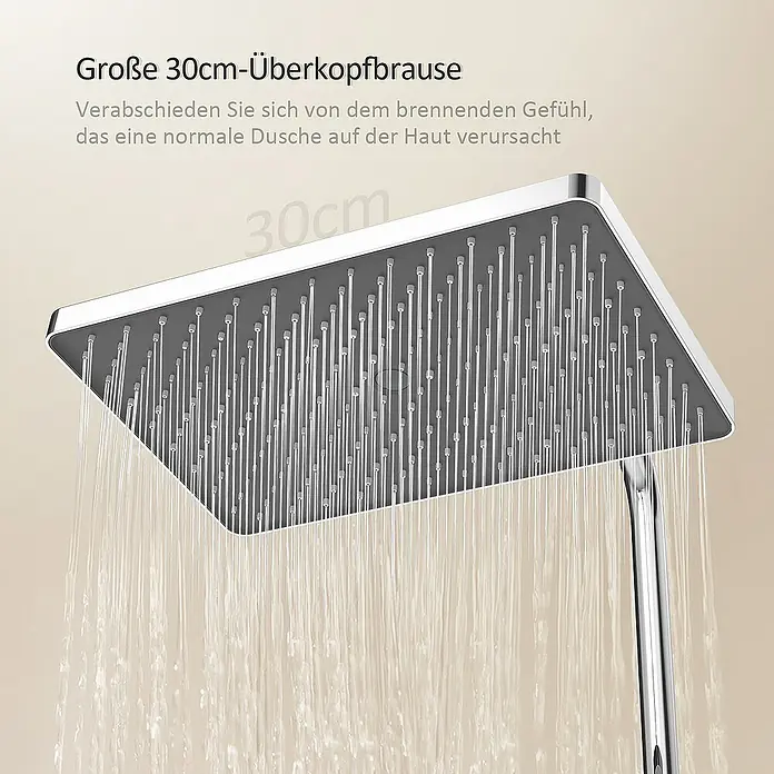 Emke Duschsystem Tastenschalter Duschsäule F09 - Mit Thermostatarmatur, Lochabstand: 70,7 cm, Anzahl Strahlarten: 3 Stk., Chrom - Duschkopf mit großem 30-cm-Kopf. Verabschieden Sie sich von dem brennenden Gefühl, das eine normale Dusche auf der Haut verursacht.