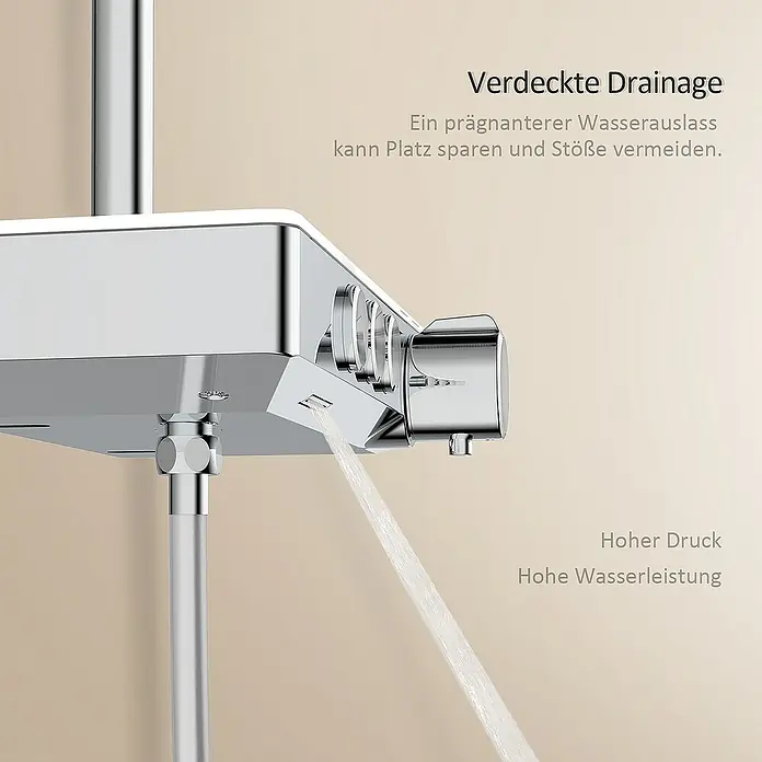 Emke Duschsystem Tastenschalter Duschsäule F09 - Mit Thermostatarmatur, Lochabstand: 70,7 cm, Anzahl Strahlarten: 3 Stk., Chrom - Detailaufnahme einer Duscharmatur mit verstecktem Abfluss, die Platz spart und Stöße vermeidet. Hoher Druck und Wasserleistung.