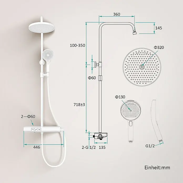 Emke Duschsystem F22 - Mit Thermostatarmatur, Lochabstand: 71,8 cm, Anzahl Strahlarten: 3 Stk., Weiß - Abbildung einer Duschgarnitur mit Maßangaben, die die Abmessungen und Details des Produkts hervorheben.