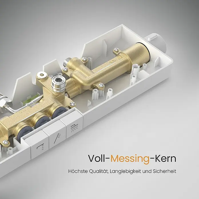 Emke Duschsystem F22 - Mit Thermostatarmatur, Lochabstand: 71,8 cm, Anzahl Strahlarten: 3 Stk., Weiß - Bild einer Armatur mit Messingkern, eingebaut in ein weißes Gehäuse, mit dem Hinweis auf höchste Qualität und Langlebigkeit.